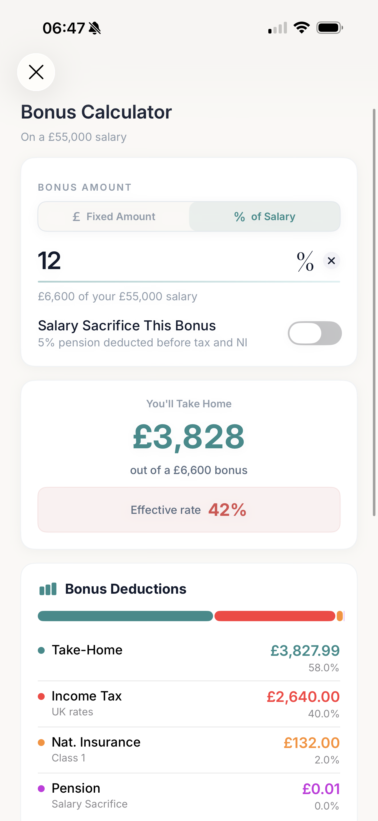 Bonus Calculator showing take-home on a bonus
