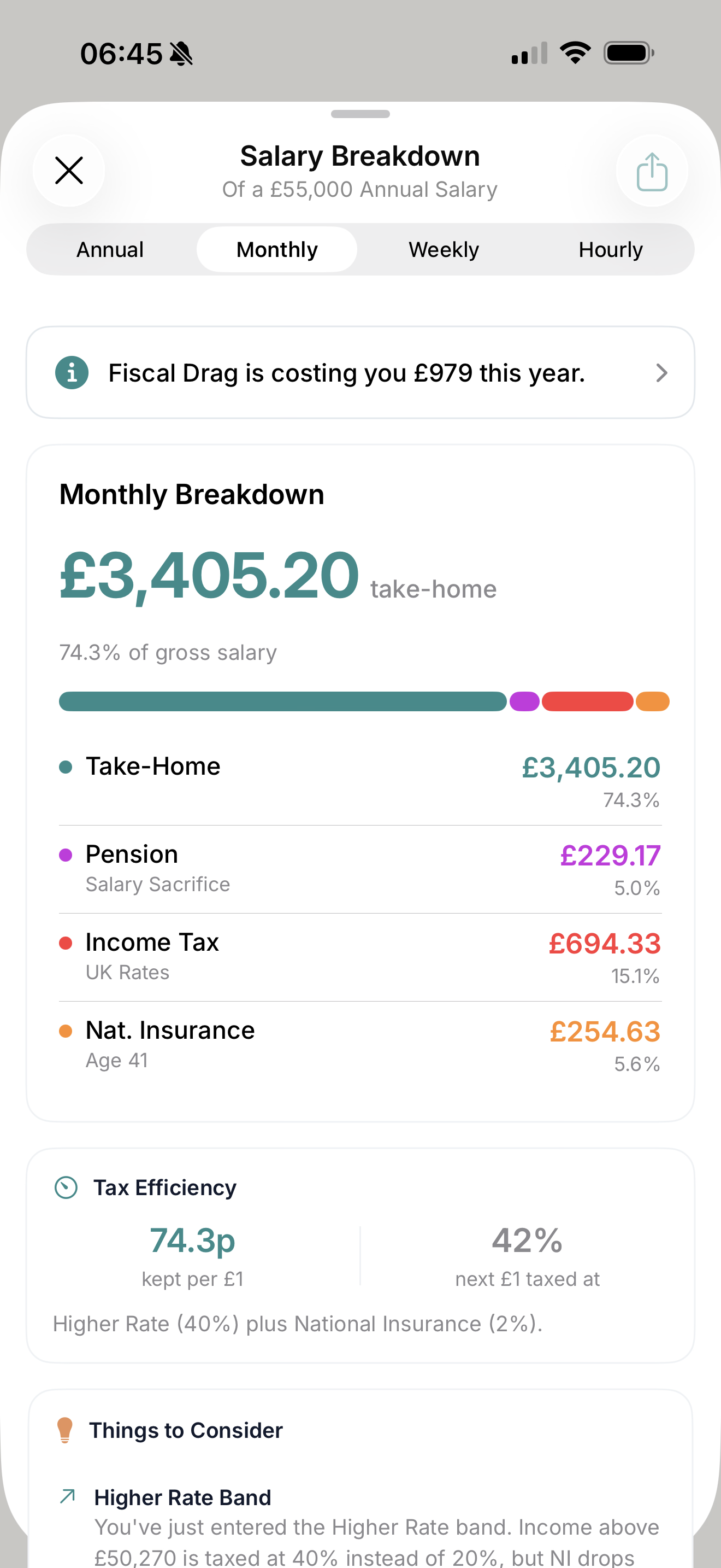 SalarySnap monthly breakdown showing take-home pay, tax, NI, and pension