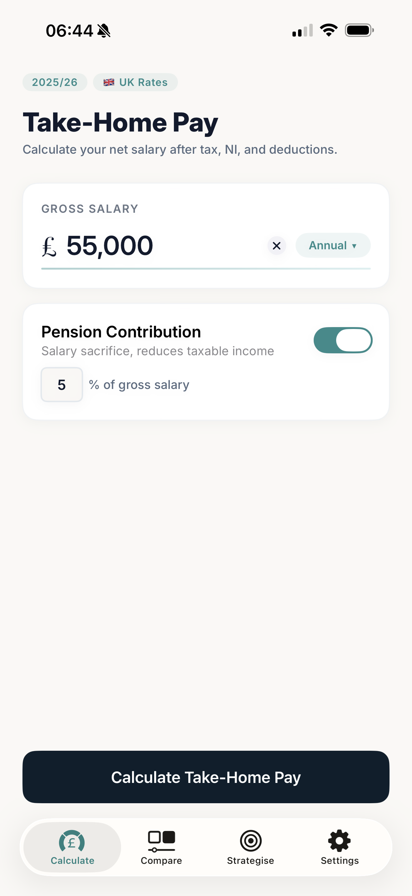 SalarySnap calculate screen with salary input